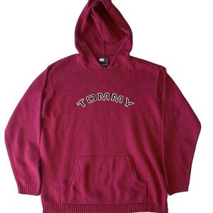 Tommy Hilfiger Y2K Knit Hoodie Sweater Spellout Red Cotton L